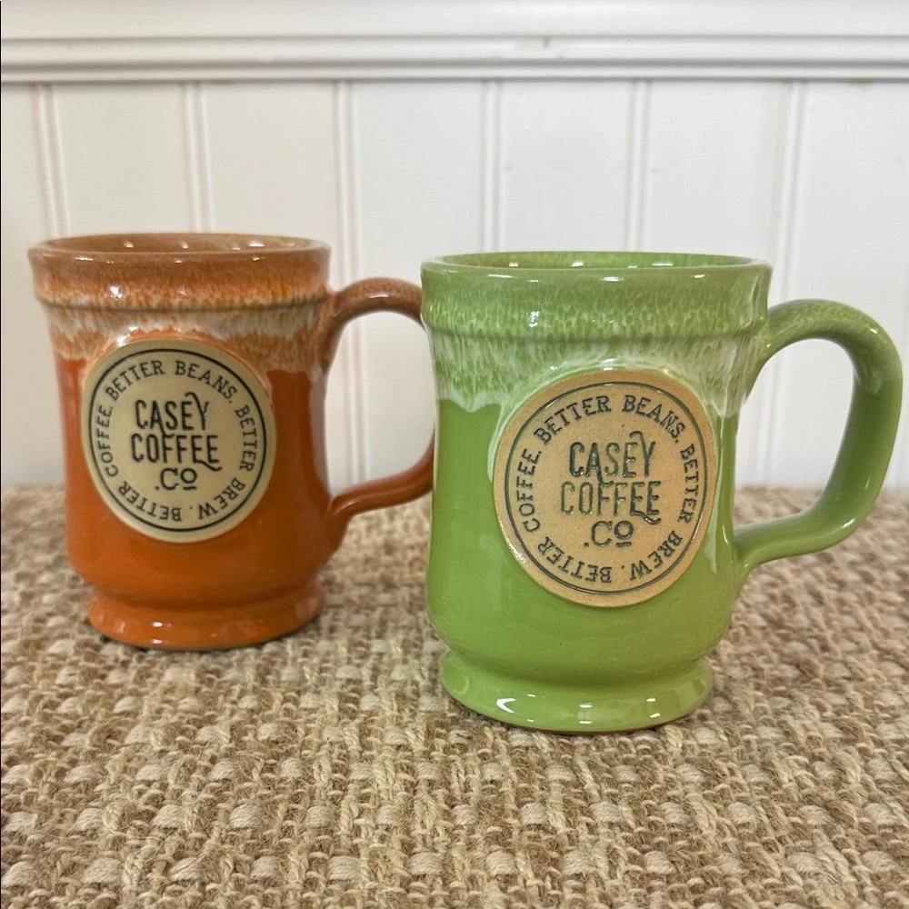 Dennen pottery company. Orange and Green Mugs. Casey coffee co. Handmade USA - Picture 1 of 7